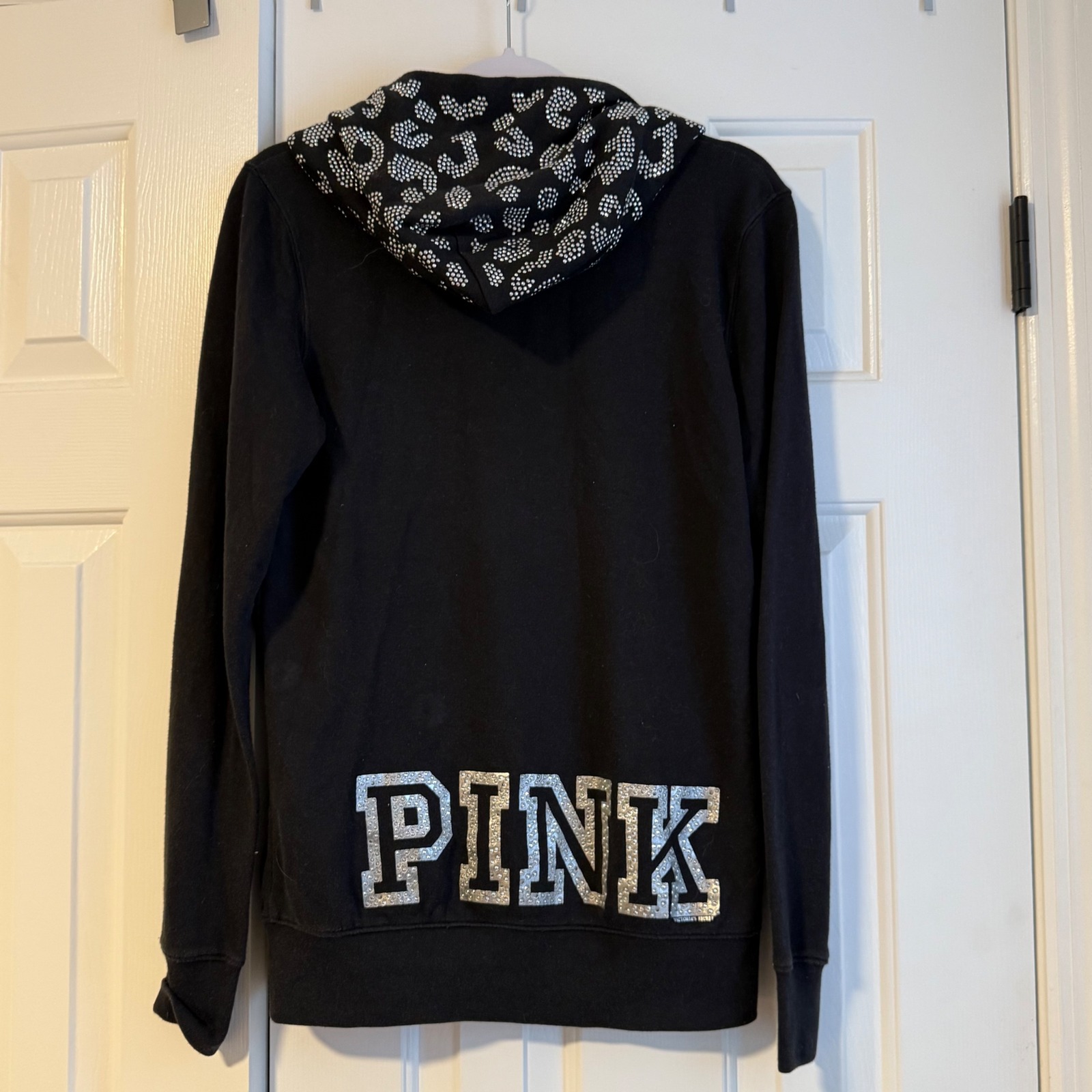 Rare Y2k Victorias Secret Pink Bling Jacket Hoodie Black Cheetah Print Animal Xs